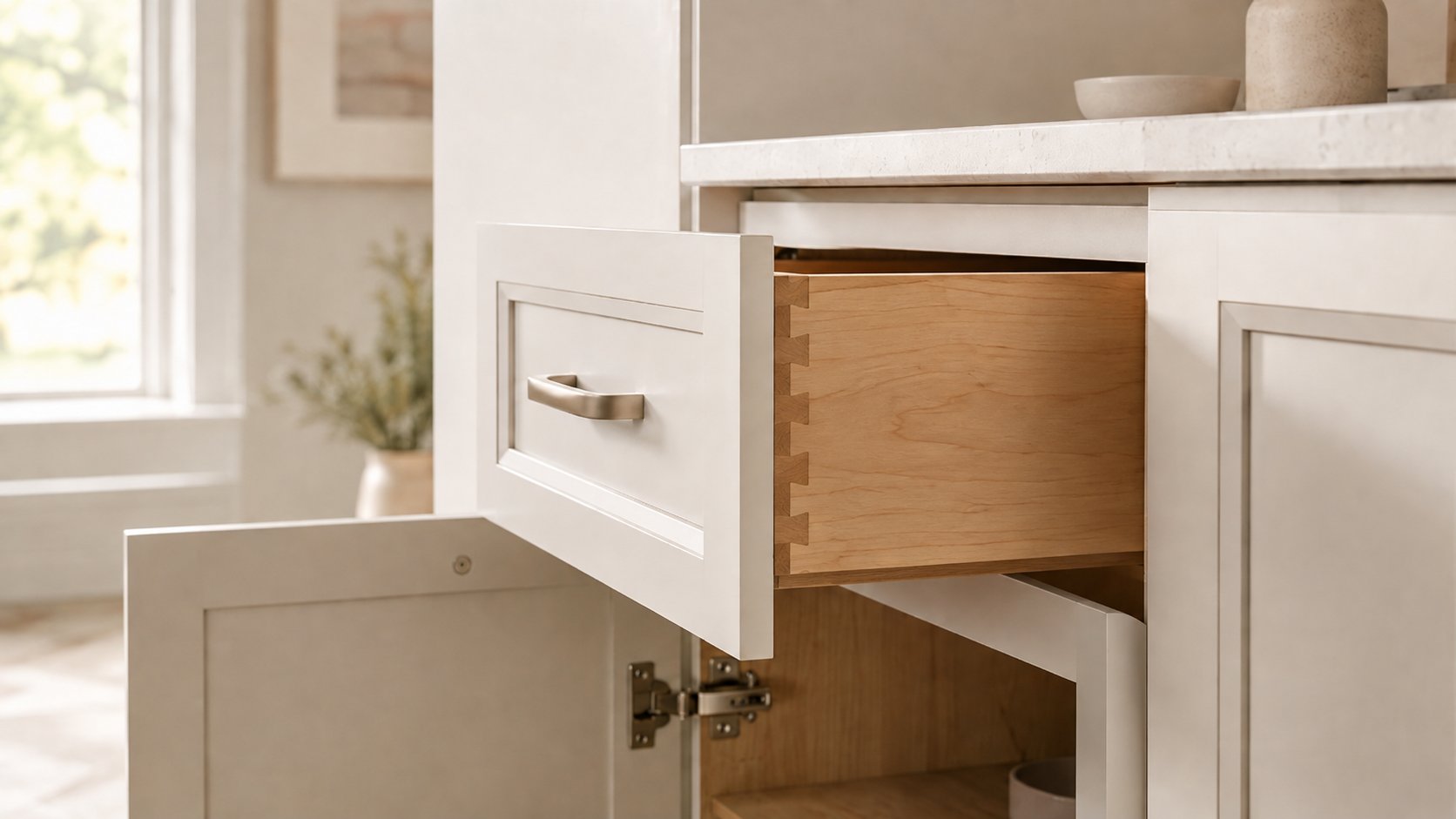 Dovetailed maple drawer box in a soft-close shaker cabinet