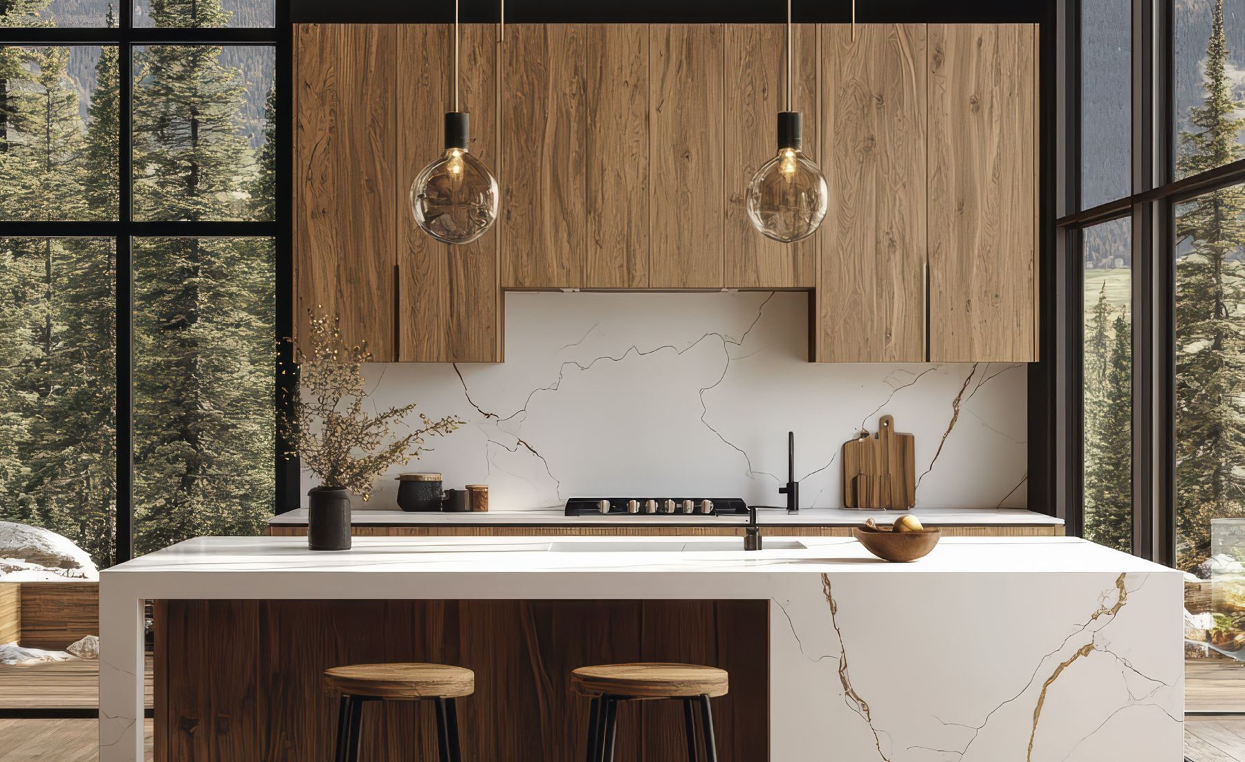 Walnut kitchen cabinetry with a mountain-home view