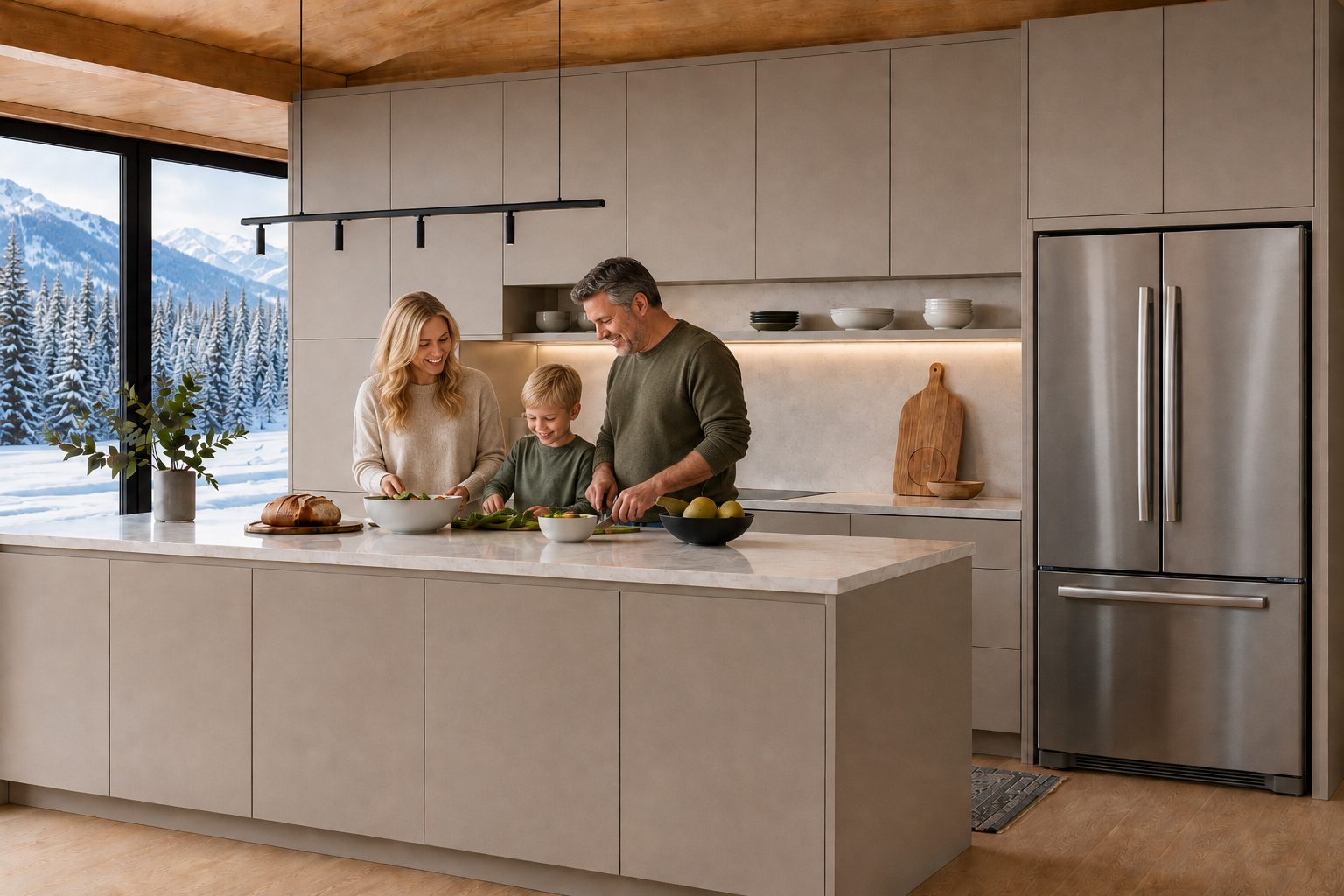 Family cooking together in a mountain-home kitchen with snowy views.
